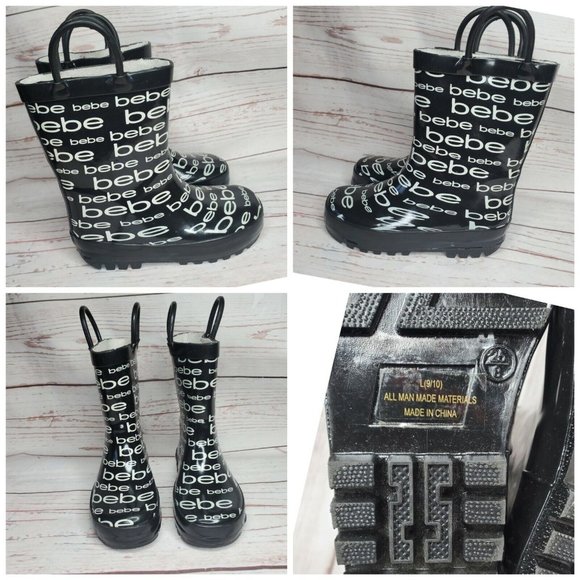 Girls Designer BeBe Graphics L 9/10 25 #121229 Black And White Rain Boots - Picture 10 of 12